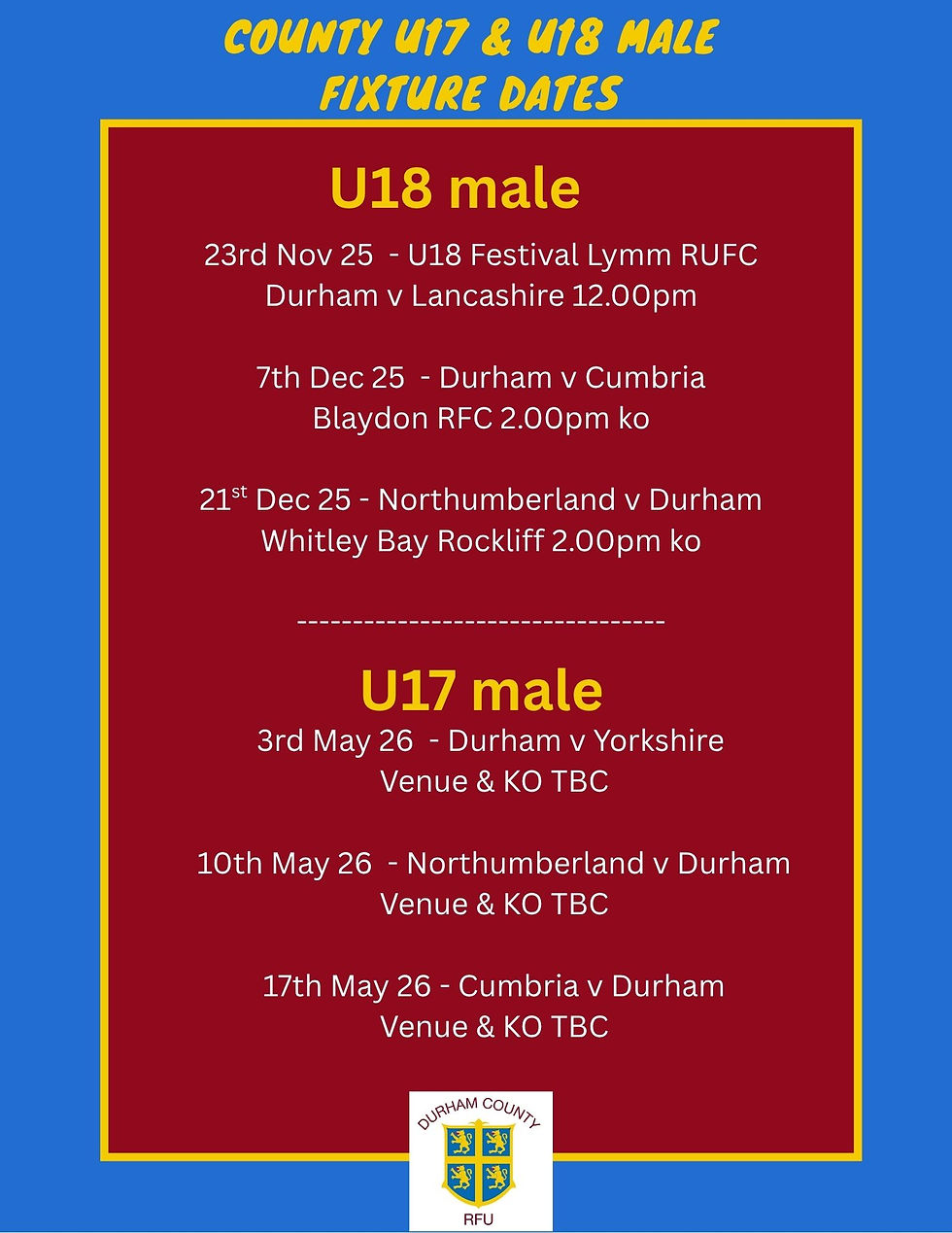 Rep Rugby Diary Dates for 2025-26