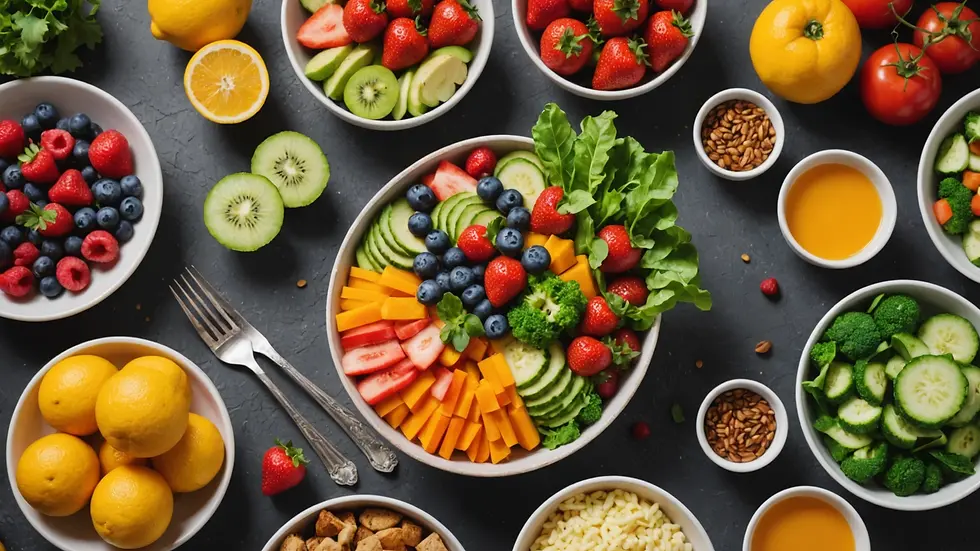 Close-up view of a healthy, balanced meal spread with fruits and vegetables