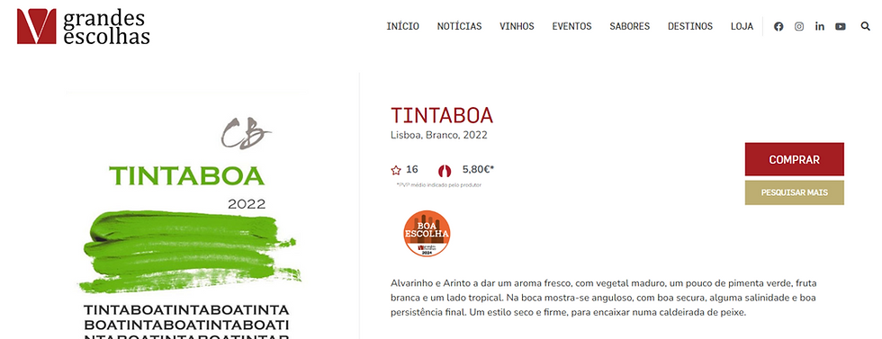 Selo Boa Escolha atribuido ao vinho TintaBoa branco 2022