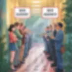 Two groups face each other in a hallway. Left: "SEO Expert" sign. Right: "SEO Agency" sign with people holding money. Sunlit, lush plants for hire seo queries.