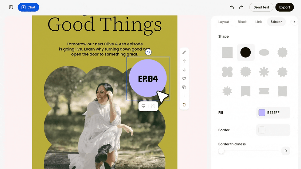 Design editor showing a yellow poster titled Good Things with a woman in white, EP.04 badge, and sticker settings panel.