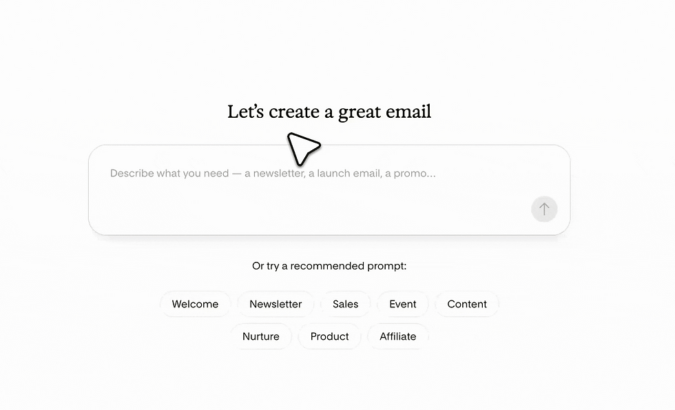 Email generator screen with cursor, prompt box, and template chips: Welcome, Newsletter, Sales, Event, Content, Nurture, Product, Affiliate