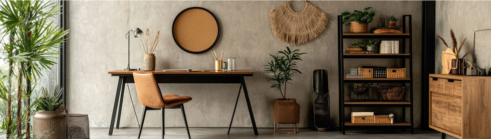 a warm, modern, home with desk, lamp and greenery 