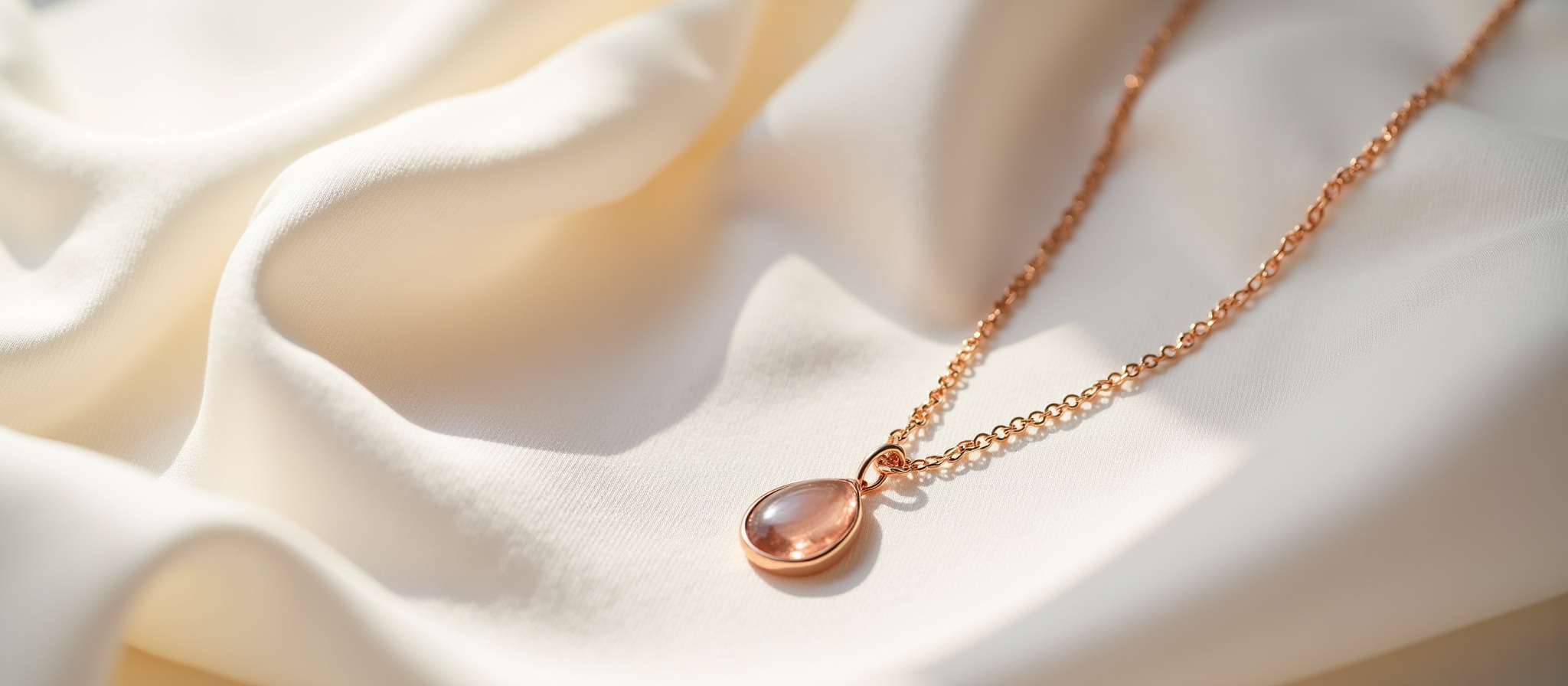 Necklace with tear drop pendant on a silk cloth.