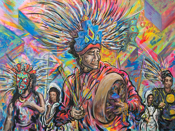 drum circle Michael Reigle Wagner surrealist oil painting neon Native American Indian sacred geometry psychedelic art Native American Indian