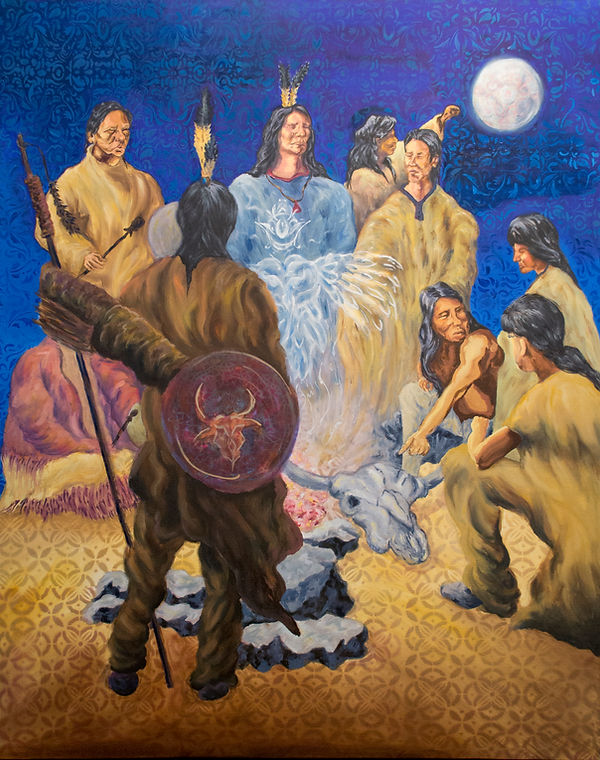 fire ceremony Michael Reigle Wagner surrealist oil painting neon Native American Indian sacred geometry psycodelec art