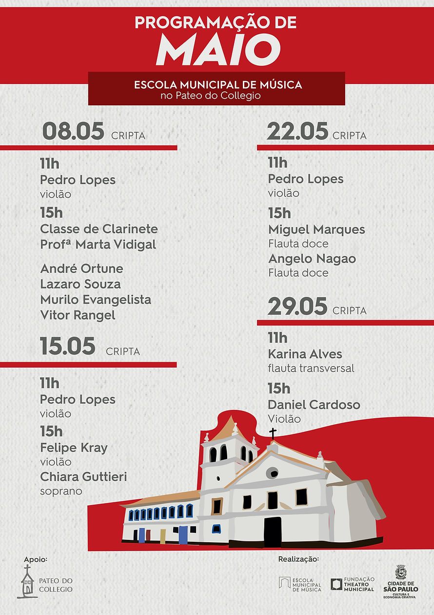A Escola Municipal de Música de São Paulo traz uma nova programação para a antiga cripta do Pateo do Collegio no mês de maio. Os concertos, com cerca de 30 minutos de duração, são oportunidade também de um contato mais próximo com o músico de concerto já que todos as apresentações têm um caráter didático.
Todas as quintas-feira, às 11h e às 15h, tem música na antiga cripta do Pateo.
Confira a programação para o mês de maio.
#vempropateo
Entrada franca!
Realização: Fundação Theatro Municipal de São Paulo
Pateo do Collegio
Aberto para todos desde 1554.
📍Praça Pátio do Colégio, 02 – Centro Histórico de São Paulo
