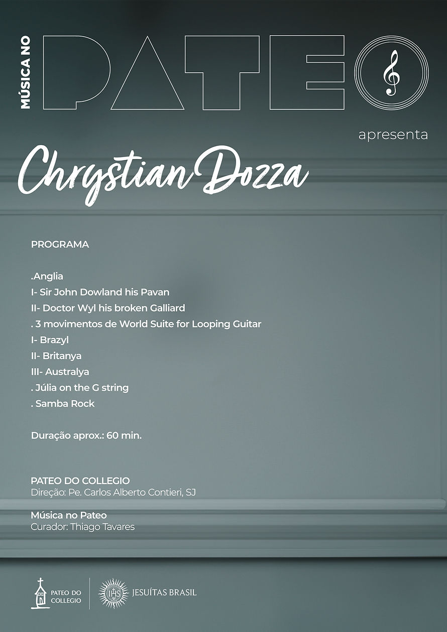 A série de concertos “Música no Pateo” traz à antiga cripta do Pateo do Collegio, o grande violonista brasileiro Chrystian Dozza.
Dozza é considerado um dos maiores violonistas compositores da nova geração. Músico eclético e versátil, Chrystian transita com naturalidade entre os universos da música erudita e popular. Dozza possui quatro discos autorais gravados e foi vencedor de importantes concursos, como o Concurso Nacional de Violões Musicalis e foi destaque como Melhor Instrumentista no XIV Prêmio BDMG Instrumental, um dos mais importantes prêmios da Música Instrumental Brasileira.
Como solista, Dozza tem se apresentado em importantes festivais e séries de violão mundo afora, como o Adelaide Guitar Festival (Austrália), Lulo Reinhardt International Guitar Festival (Alemanha), Indiana International Guitar Festival (EUA), entre outros. Em 2017, representou o Brasil no aclamado International Guitar Night, com concertos pelos EUA e Canadá. Além de atuar como solista, Chrystian exerce intensa atividade camerística com o Quaternaglia Guitar Quartet, um dos mais importantes quartetos de violões da atualidade. Além do quarteto, Dozza integra o Trio Opus 12, o Dozza Schaupp Duo ao lado da violonista australiana Karin Schaupp e o Duo Daniel Murray Chrystian Dozza. Como docente, é professor de violão da EMESP – Escola de Música do Estado de São Paulo.
✨Vem desfrutar desta experiência musical única!
#vempropateo
🔵 “Música no Pateo” apresenta Chrystian Dozza
🗓 Dia 22 de maio (quinta-feira), às 20h
Na antiga cripta do Pateo do Collegio - Acesso ao final da Rua Roberto Simonsen - Centro Histórico de São Paulo. Estacionamento no local (pago).
Duração prevista: 60 min.
Ingressos à venda no nosso site: www.pateodocollegio.com.br/musica-no-pateo