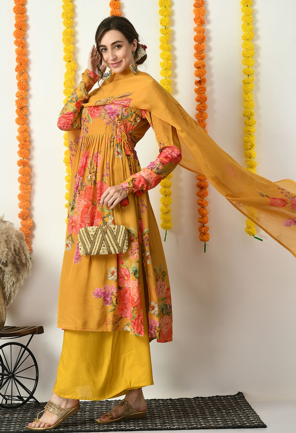 Thumbnail: Mustard Floral print muslin anarkali with sharara