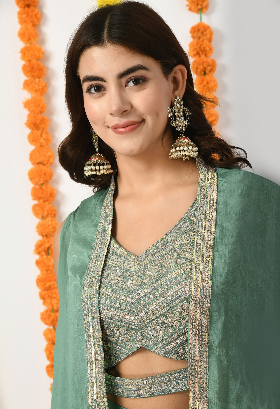 Thumbnail: Sharara Crop Top with Shrug Georjet Fabric