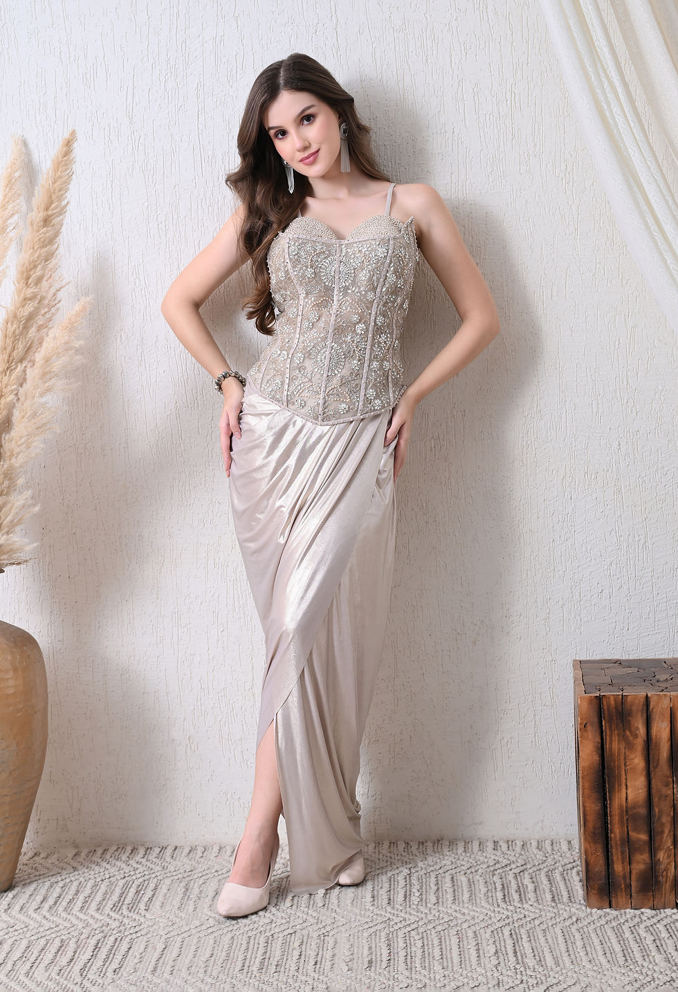 Thumbnail: Corset blouse with pleated drape skirt