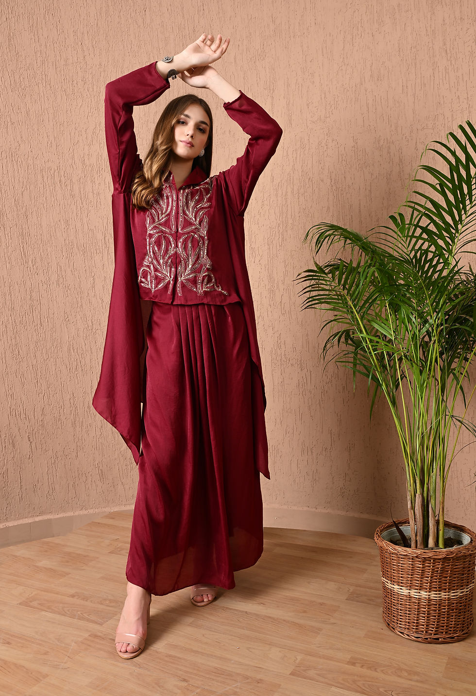 Thumbnail: Georjet satin kaftan with drape skirt
