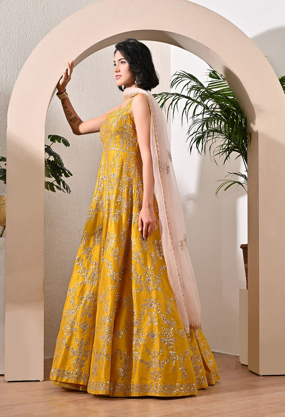 Thumbnail: Mustard  Yellow  silk  anarkali  with gotta work and rose pink organza dupatta 