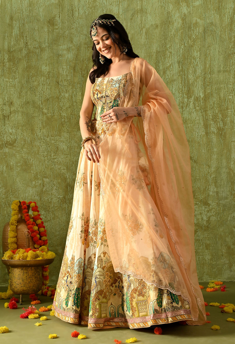 Thumbnail: Lehengha featuring a soft corset blouse in luxurious crepe, accompanied by an et