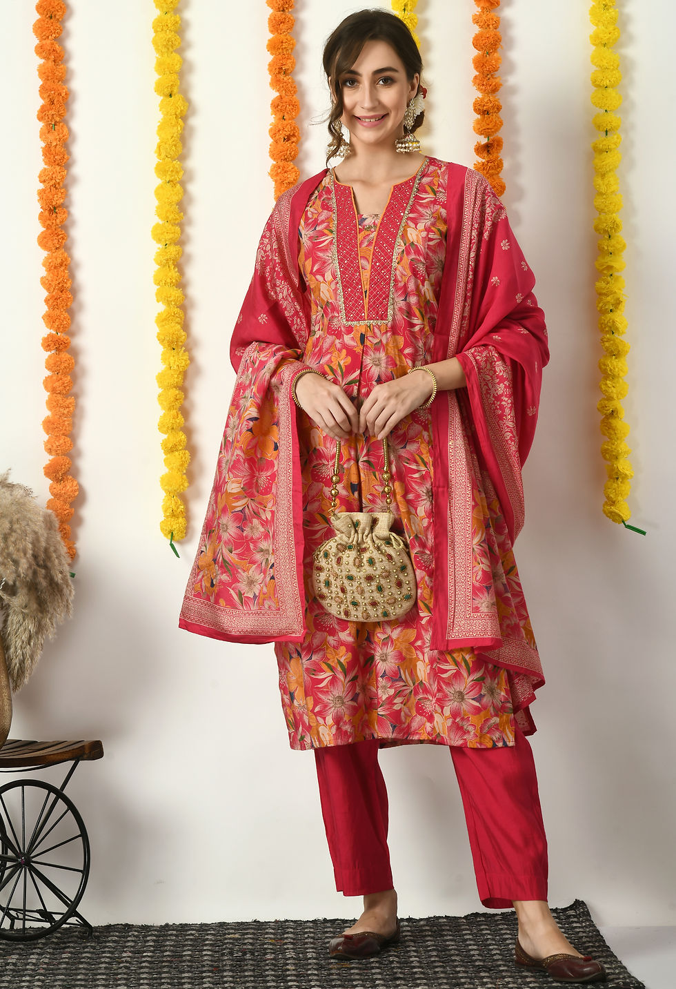 Thumbnail: Muslin cotton printed a line suit with pants and dupta