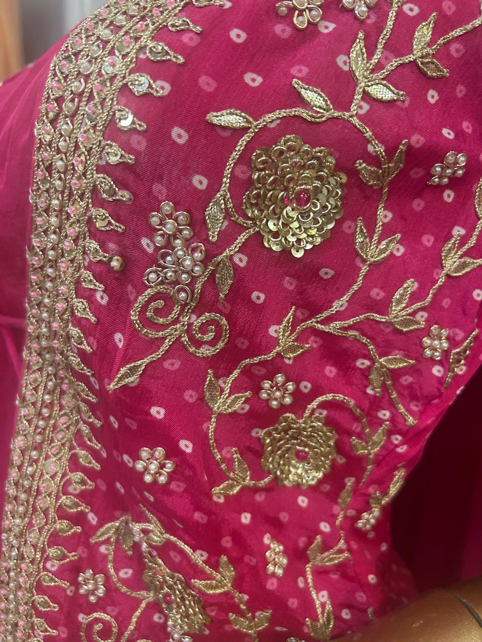 Thumbnail: Magenta Pink short georgette  jacket with sharara, embroidery  of gotta &zari