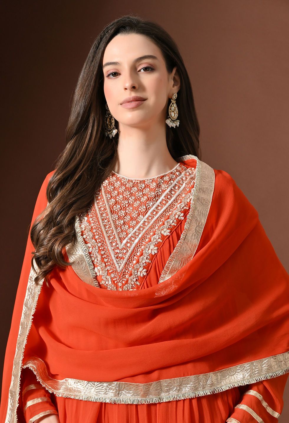 Thumbnail: Orange georjet sharara with pleated top