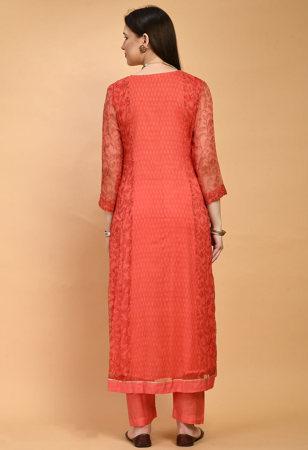 Thumbnail: Brick color Organza printed A-line anarkali  with pants 