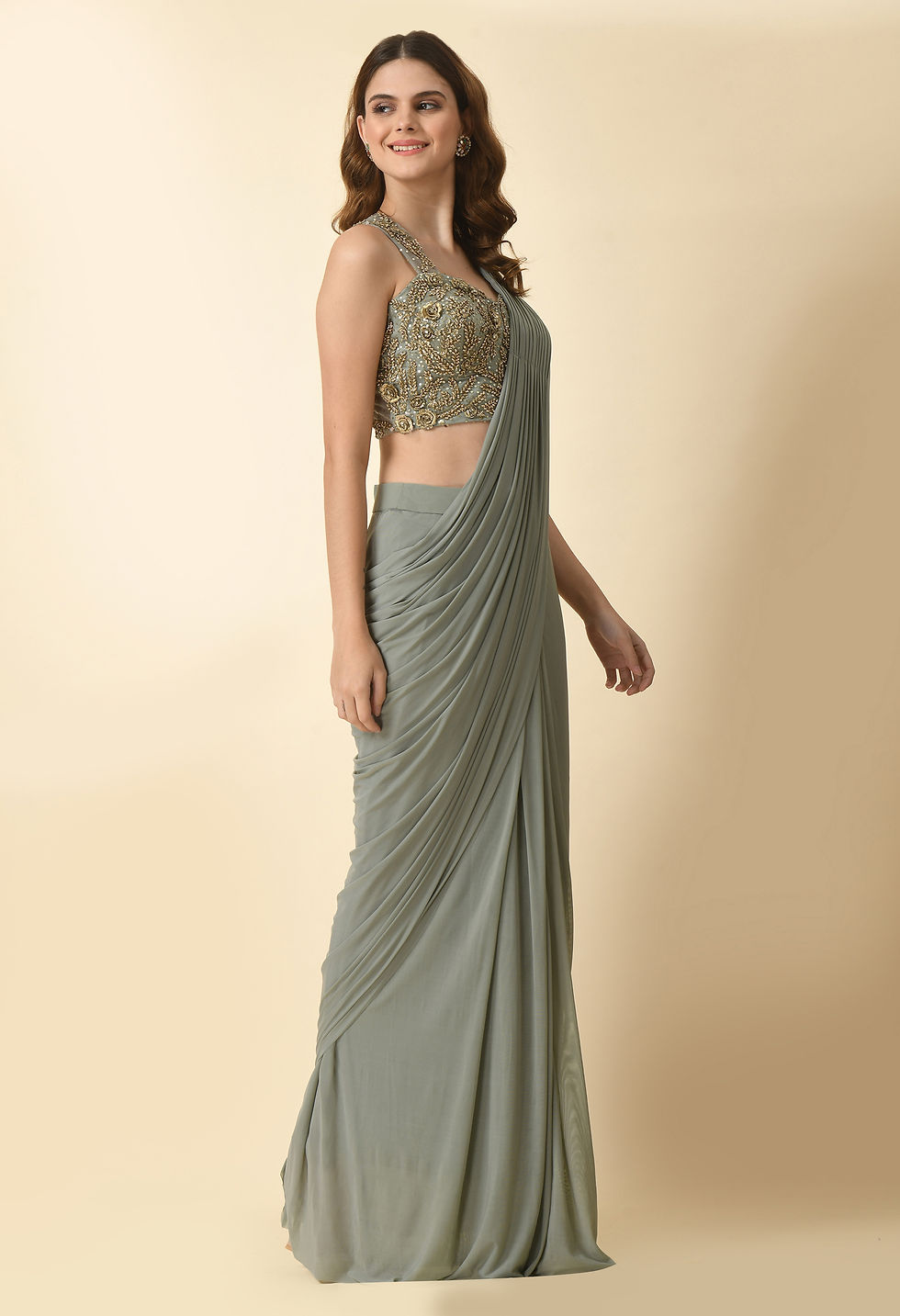 Thumbnail: Saree net lycra blouse with crystal bead and ribbon work