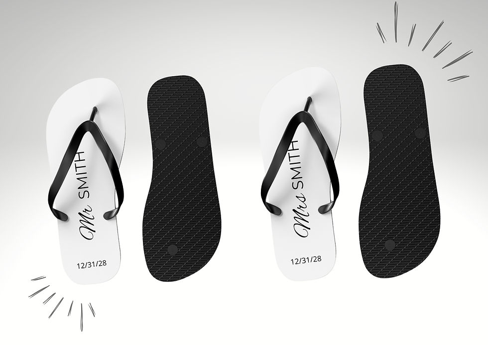 Personalized Mr. and Mrs. wedding flip flops featuring a custom last name and wedding date on each sandal. This matching set showcases personalized honeymoon and beach wedding sandals for couples celebrating their new marriage.