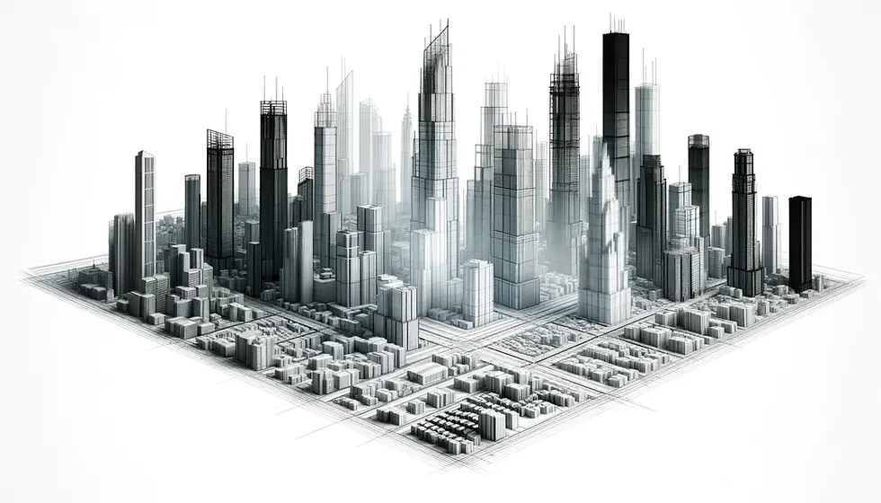 DALL·E 2024-05-04 20.27.52 - A 3D blueprint-style futuristic cityscape with a white backgr