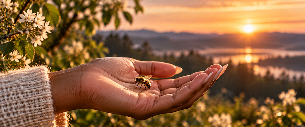 Hand cradles a bee at sunset, with white flowers and a glowing mountain landscape in the background.
