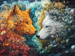 Colorful, intricate painting of a fiery orange fox and a cool white wolf facing each other, surrounded by vibrant floral patterns and cosmic background.