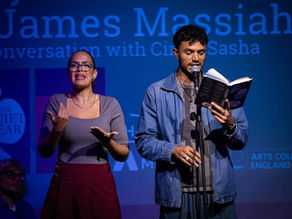 Cindy Sasha hosting a Wimbledon Book Festival event with poets Raymond Antrobus and James Massiah.