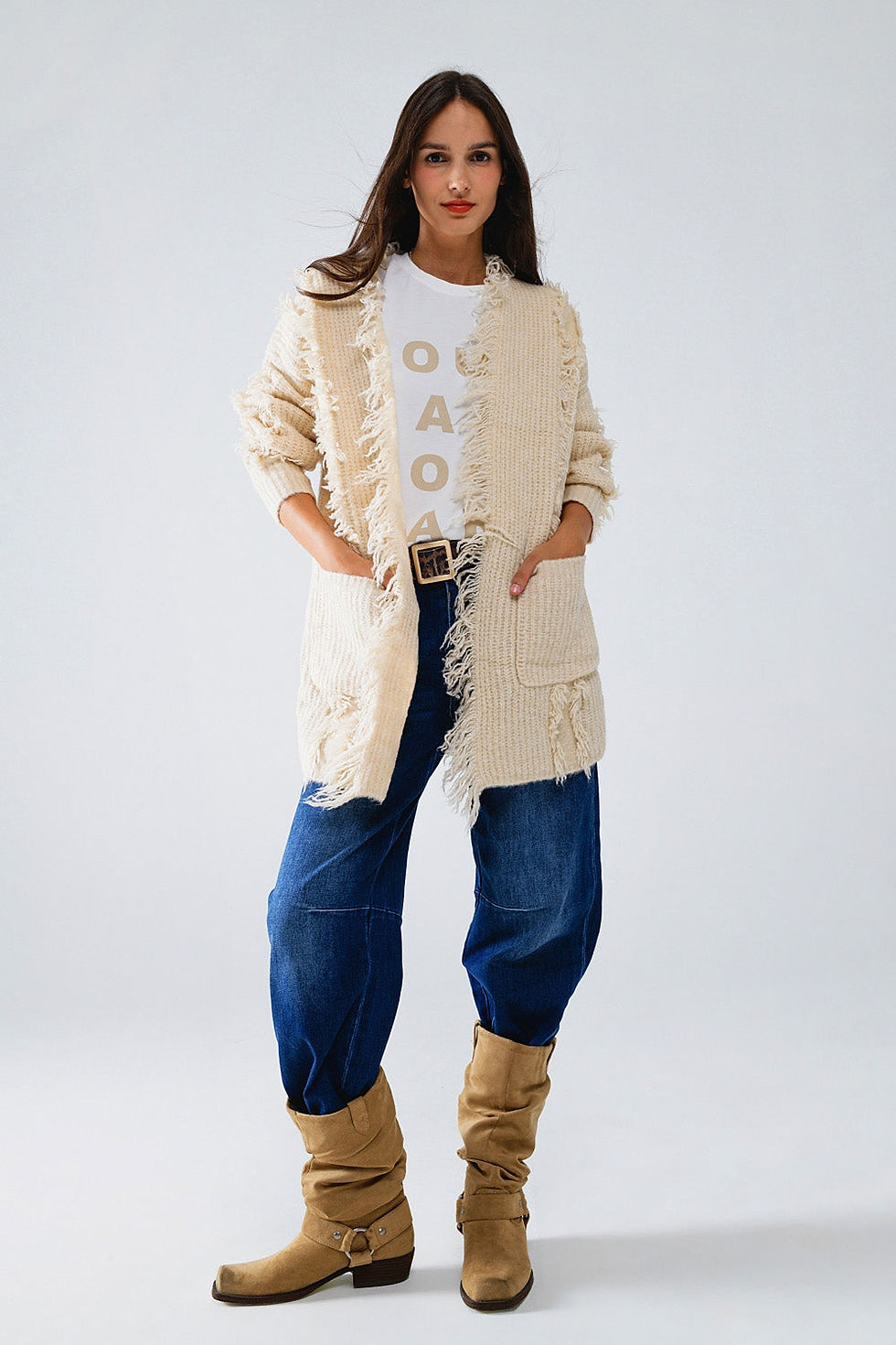 Thumbnail: Ecru Boho Distressed Cardigan With Front Pockets