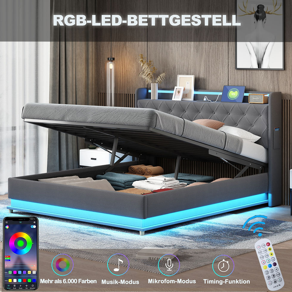Thumbnail: LED Polsterbett 140*200 cm mit USB-Ladeanschluss und Hydraulischer Lagerung, Ha