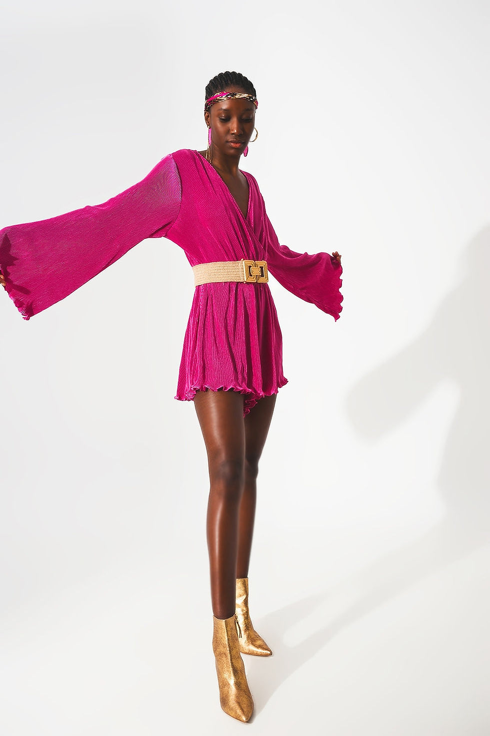 Indexkép: Satin Wrap Deatil Pleated Short Jumpsuit in Fuchsia