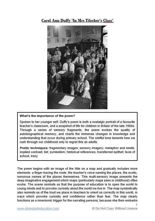 Close reading notes: Carol Ann Duffy, 'In Mrs Tilscher's Class'