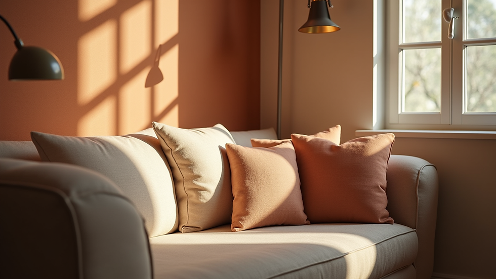 Eye-level view of a cozy corner with soft cushions and warm lighting