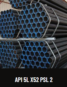 API 5L X52 PSL 2 is a specification for seamless and welded steel line pipe developed by the American Petroleum Institute (API). It is intended for use in conveying gas, water, and oil in both the oil and natural gas industries. Here are the key specifications and details for API 5L X52 PSL 2:

API 5L X52 PSL 2 Specifications:
Grade: API 5L X52 is a higher grade line pipe specified by the American Petroleum Institute (API).

PSL (Product Specification Level): PSL 2 indicates a higher level of quality and performance compared to PSL 1. PSL 2 pipes have stricter manufacturing, testing, and quality control requirements.

Chemical Composition:

Carbon (C): Maximum 0.24%
Manganese (Mn): Maximum 1.40%
Phosphorus (P): Maximum 0.025%
Sulfur (S): Maximum 0.015%
Silicon (Si): Maximum 0.45%
Niobium (Nb): Maximum 0.10%
Titanium (Ti): Maximum 0.06%
Vanadium (V): Maximum 0.10%
These elements are controlled to achieve specific mechanical and chemical properties suitable for pipeline applications.
Mechanical Properties:

Yield Strength: Minimum 52,000 psi (360 MPa)
Tensile Strength: Minimum 66,700 psi (460 MPa)
Elongation: Minimum 21%
Size Range and Wall Thickness: API 5L X52 PSL 2 pipes are available in various sizes ranging from 2 3/8 inches to 48 inches diameter and wall thicknesses from SCH 10 to SCH 160, depending on project specifications.

Manufacturing Process: API 5L X52 PSL 2 pipes are manufactured using seamless or welded processes. Common methods include electric resistance welding (ERW), longitudinal submerged arc welding (LSAW), and helical submerged arc welding (HSAW). These methods ensure the pipes meet dimensional and mechanical property requirements.

Applications: API 5L X52 PSL 2 pipes are widely used in pipeline transportation systems for conveying oil, gas, water, and other fluids. They are suitable for both onshore and offshore applications, providing reliable performance under high pressure and temperature conditions.

Quality Assurance:
API 5L X52 PSL 2 pipes undergo stringent quality assurance processes including chemical composition analysis, mechanical testing (tensile, hardness, impact), non-destructive testing (ultrasonic, radiographic), and dimensional inspection. These tests ensure the pipes meet API specifications and customer requirements for safety, reliability, and durability.
API 5L X52 PSL 2 pipes are crucial components in the infrastructure of the oil and gas industry, ensuring efficient and safe transportation of hydrocarbons across vast distances. They are designed to withstand harsh environmental conditions and rigorous operational demands, making them indispensable in modern energy infrastructure projects.