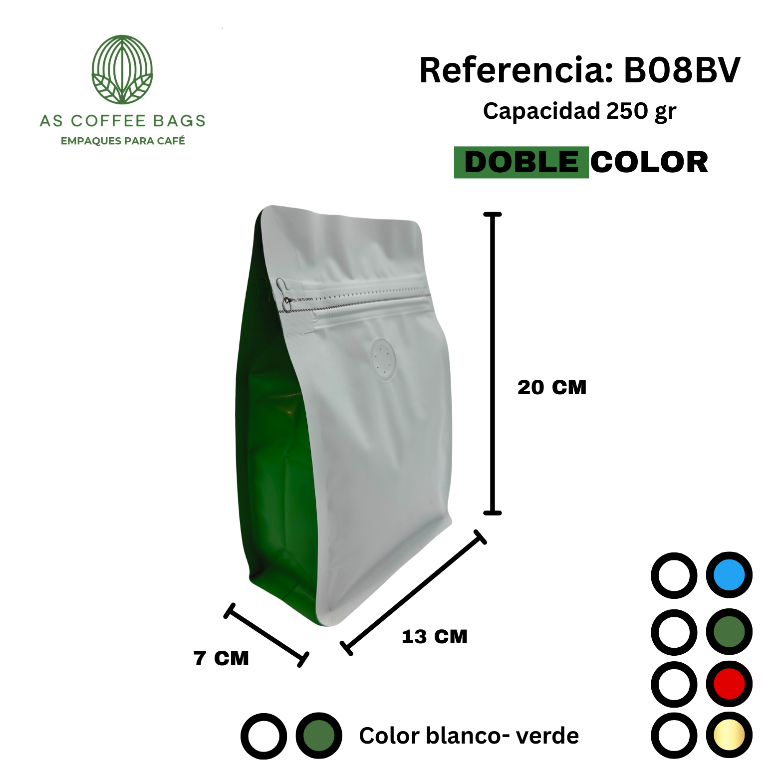 B08BV Bolsa para café doble color con válvula y zipper 250gr color blanco-verde