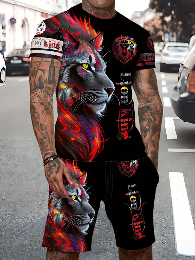 Men's Summer Casual Everyday Short Sleeve and Shorts Set Cool The Lion