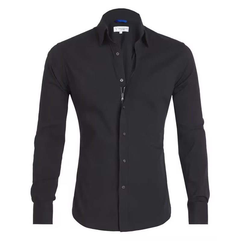 New Men's Casual Shirt Cotton Shirt Slim Tops Long Sleeve Tee Shirt Zip