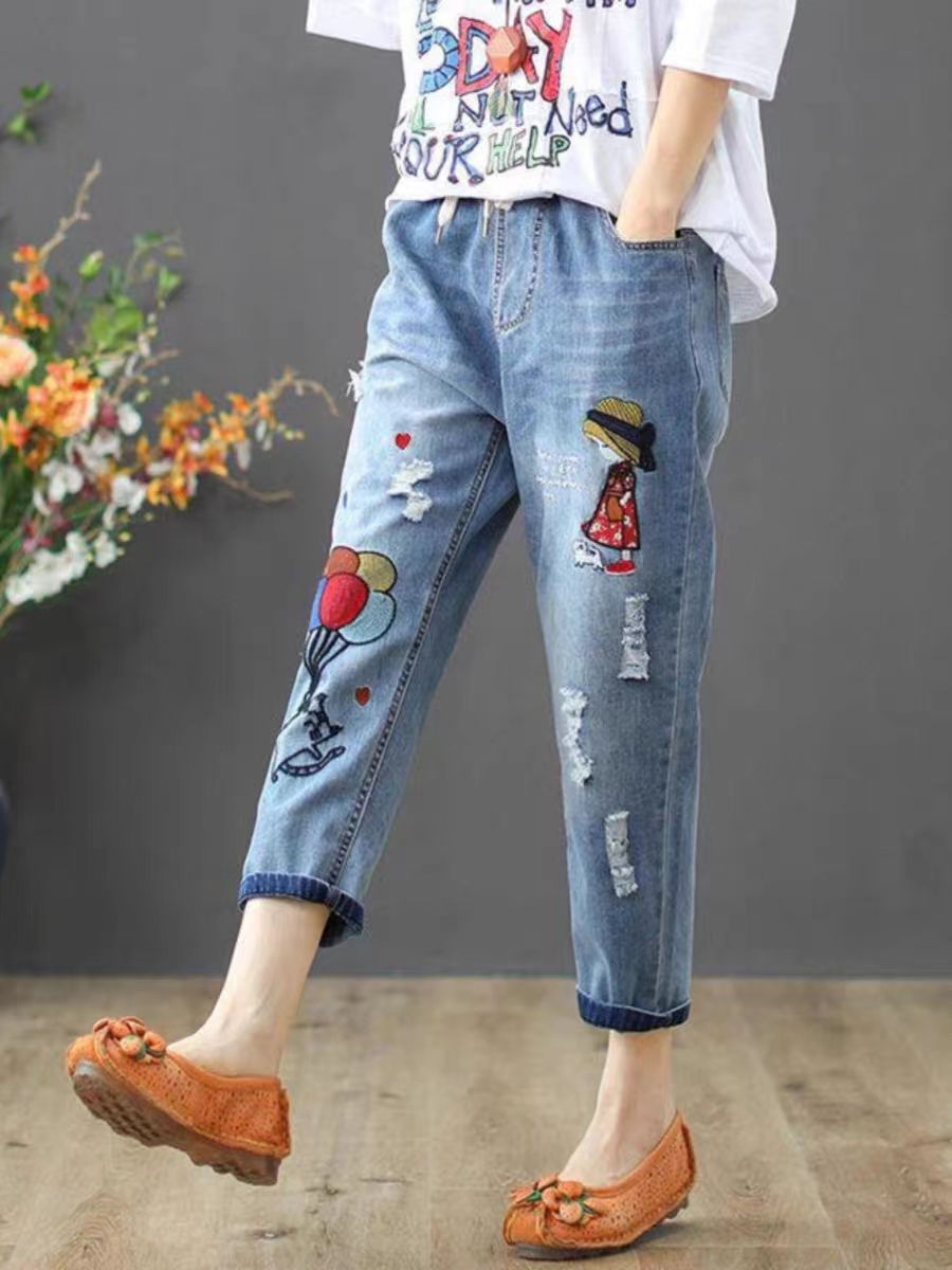 y2k Elastic Waist Embroidery Lace Up Ankle-Length Pants Summer Casual
