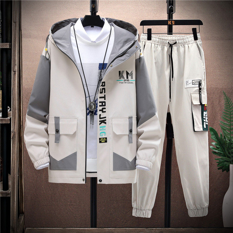 Autumn Casual Men Sets Two Pieces Fashion Korean Trend Hooded Jacket