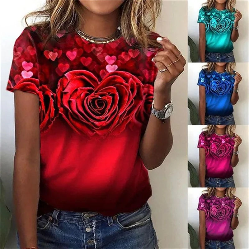 Summer Women's T-shirt Fashion Short Sleeve Tops 3D Floral Printed O-neck
