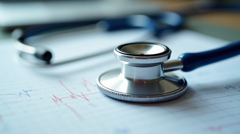 Eye-level view of a stethoscope on a medical report with heart rate graph