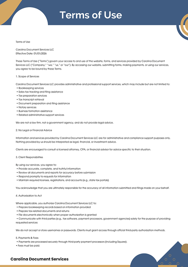 Terms of Use document with text about the company's guidelines and conditions.