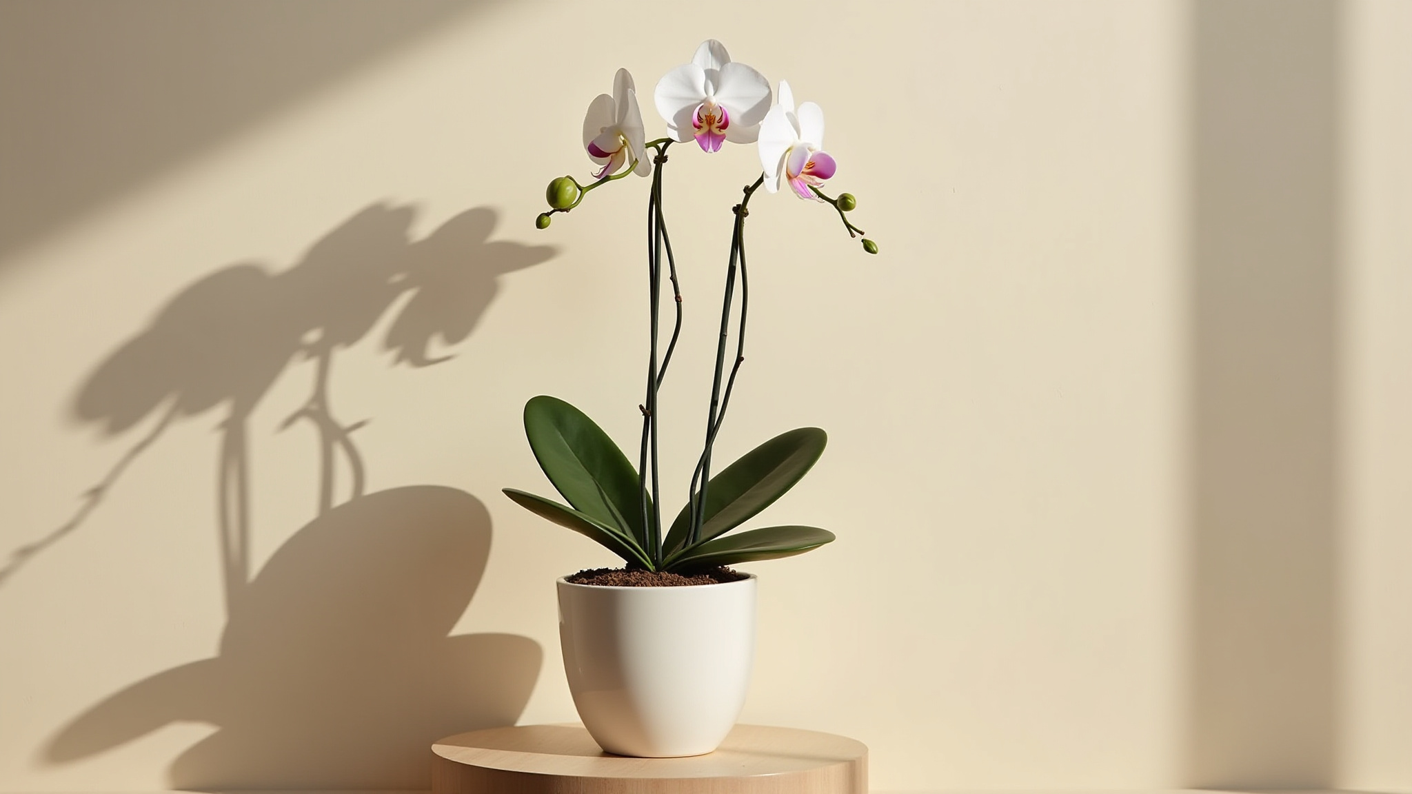White orchid plant in a white pot on a wooden table, shadow visible.