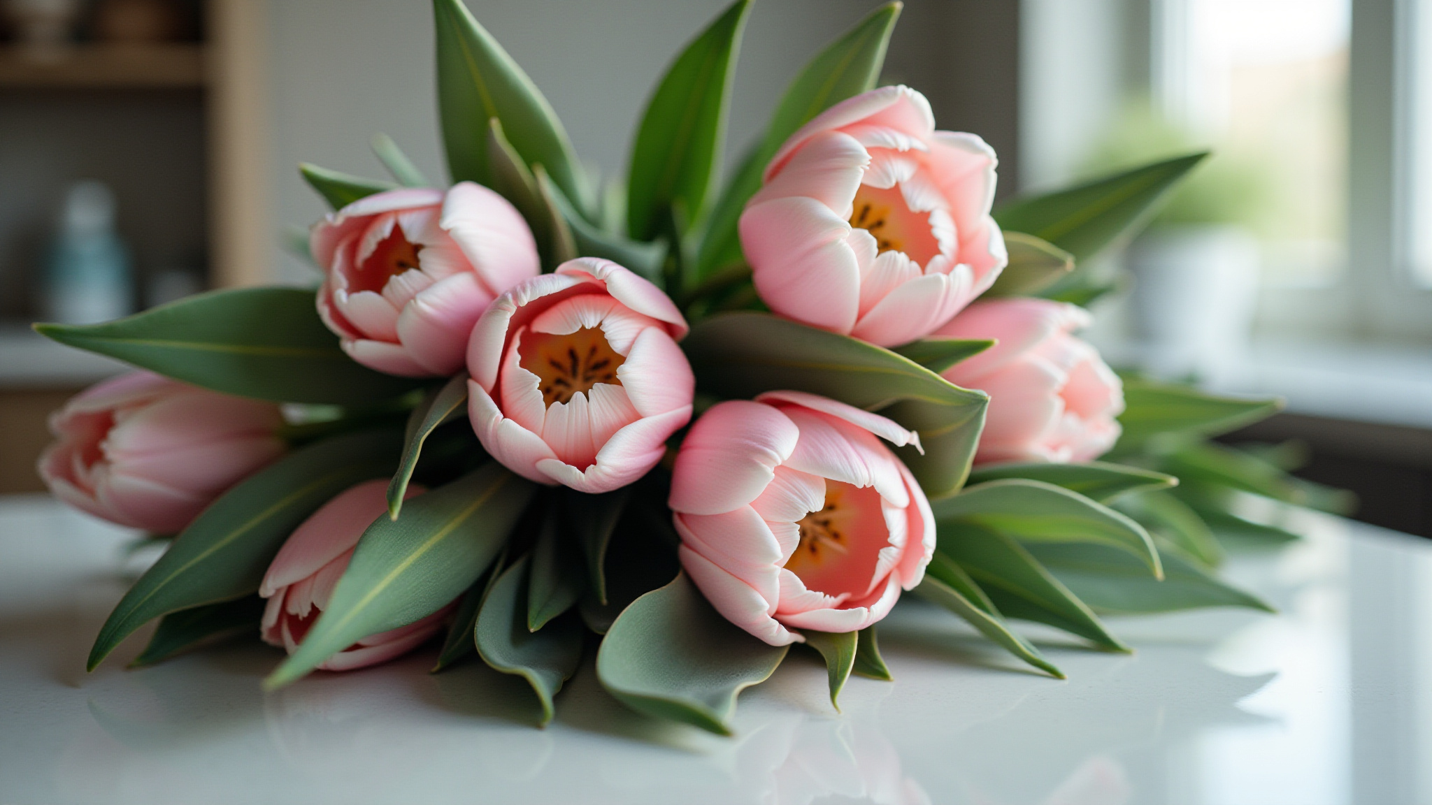 Bouquet of pink tulips on a white table with green leaves.