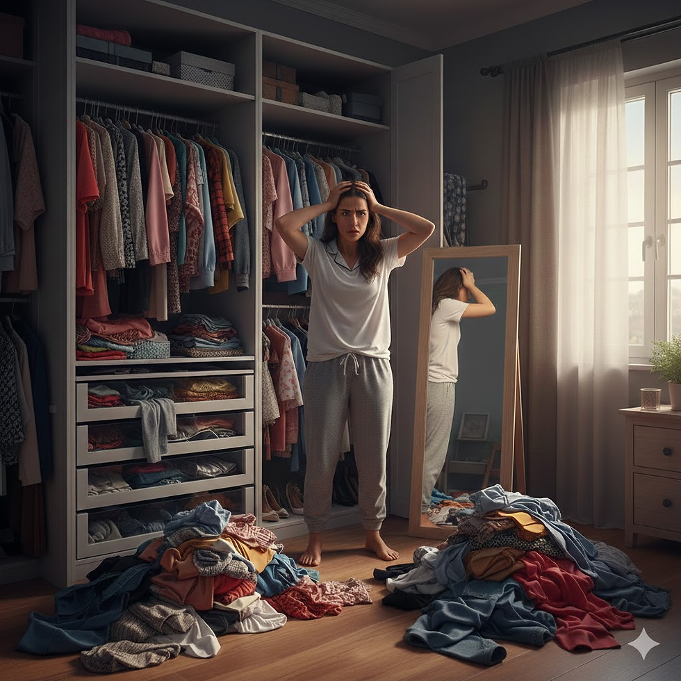 Uma mulher em frente ao guarda-roupa aberto expressa frustração ao olhar para pilhas de roupas bagunçadas no chão. A cena captura o momento de estresse que muitas vezes surge na relação entre armário e autoestima, destacando a necessidade de organização para o bem-estar pessoal.
