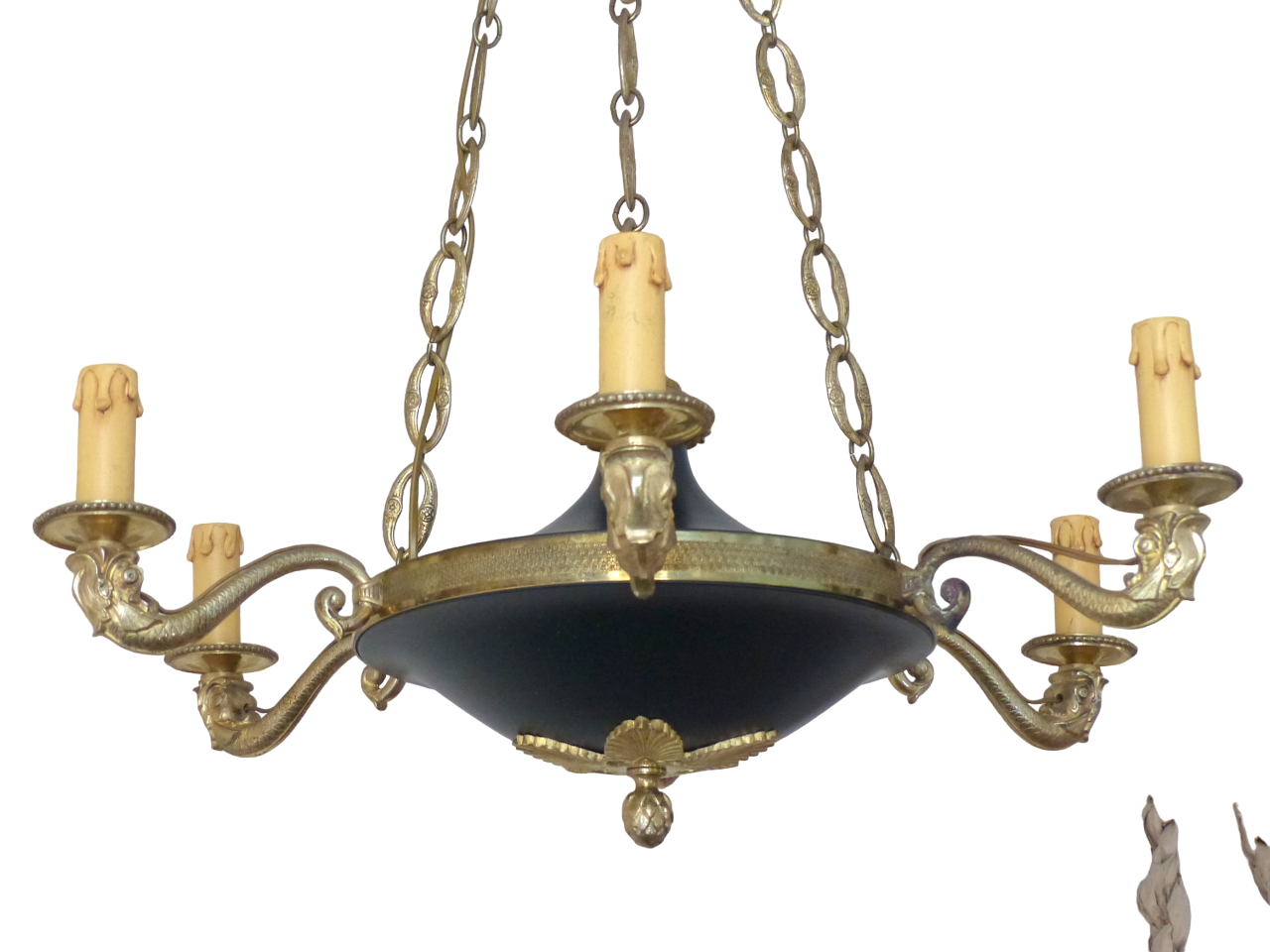 Antique French 6 Arms Ormolu Bronze Brass Tole Chandelier Ceiling Empire (1930)