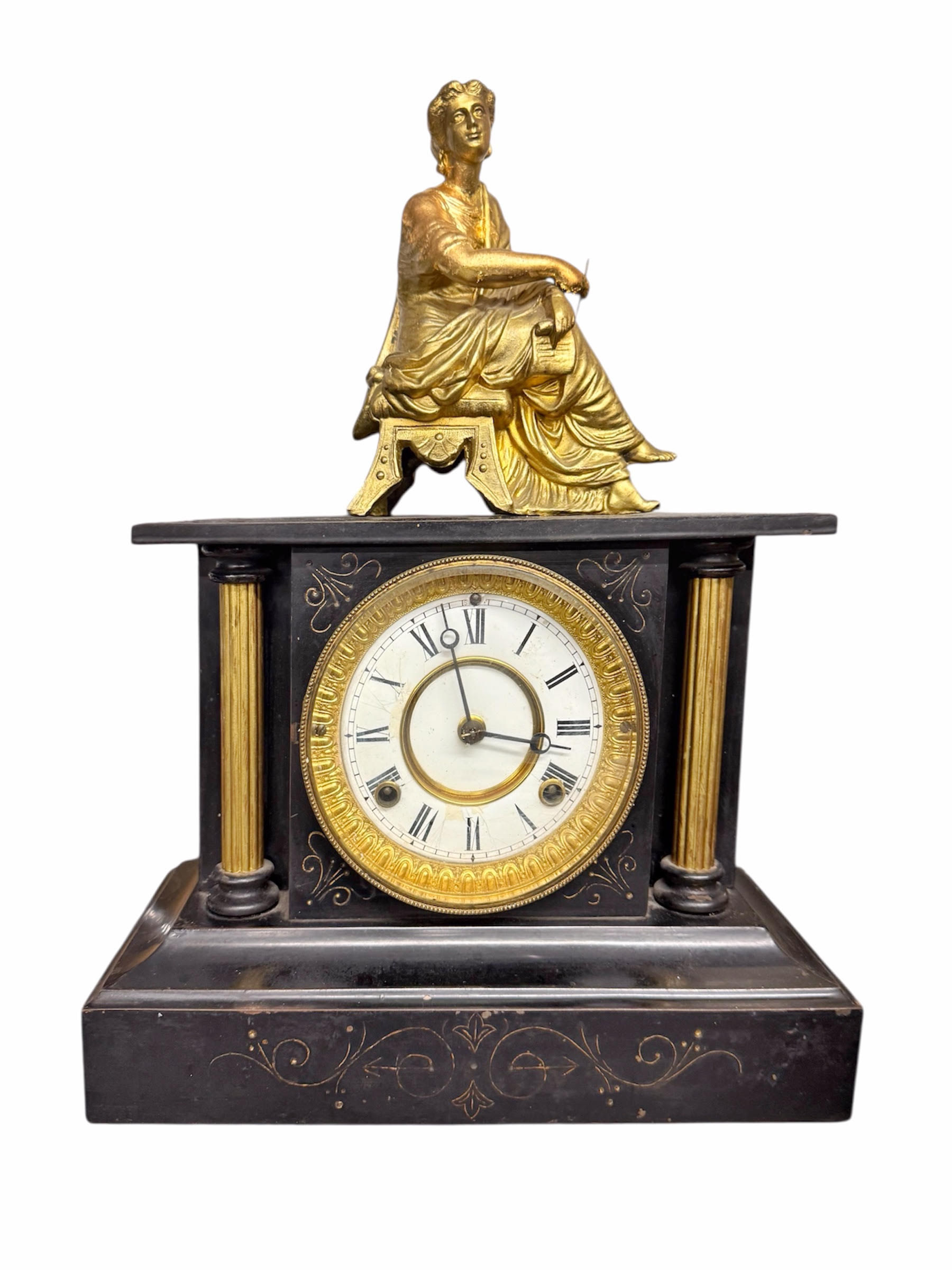 Empire Style Gilded Clock on Etched Marble Base - 12" x 16"