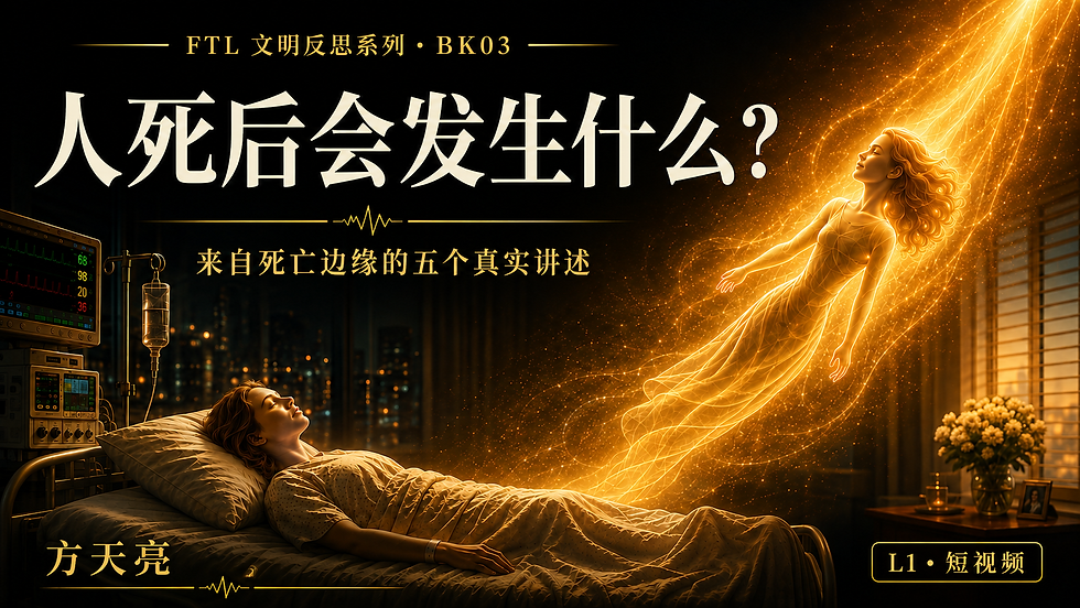 深色电影感纪录片封面，主题围绕濒死体验与意识研究。画面左侧是一名躺在病床上的女性，旁边摆放心电监护仪与输液设备，背景为夜晚城市灯光；右侧，一道由金色光线与粒子组成的女性灵体从身体上方缓缓升起，朝强烈的金色光源漂浮，形成“肉身与意识分离”的视觉意象。  顶部标注“FTL 文明反思系列 · BK03”，中央大标题为“人死后会发生什么？”，下方副标题为“来自死亡边缘的五个真实讲述”。左下角为“方天亮”，右下角标注“L1 · 短视频”。整体采用黑金配色，氛围庄重、神秘、具有哲学与科学探索感，突出“死亡、意识、濒死体验与生命意义”的主题。