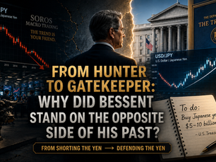A cover design in the style of a serious financial documentary: A gray-haired man in a black suit stands at the center, viewed from behind and slightly to the side. On the left, imagery of the Wall Street trading floor, the Charging Bull, and a chart showing the USD/JPY exchange rate in freefall symbolizes the "financial hunter" who once shorted the yen. On the right, the U.S. Treasury building, a curve showing the yen’s rebound, a golden yen symbol, and a policy notepad reading "Intervene. Buy yen" represent the "guardian" who defends the currency from within the state apparatus. The central headline reads, "From Hunter to Guardian: Why Did Bessent Switch Sides?" with the subtitle "Shorting the Yen → Defending the Yen" below. The design employs a color palette of deep blue, black, and gold to illustrate Scott Bessent’s transformation from hedge fund trader to U.S. Treasury Secretary.