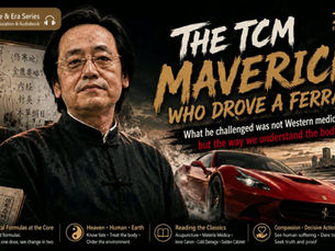 Cover of the L3 "Figures and the Times" series. On the left side of the image stands a middle-aged man wearing thin-framed glasses and a black Chinese-style jacket; behind him are a Traditional Chinese Medicine (TCM) meridian chart, ancient texts, and handwritten medical notes. On the right, a red Ferrari drives toward a modern city skyline. The main title reads "The Ferrari-Driving TCM Maverick," and the subtitle states, "What he challenges is not Western medicine, but the way we understand the human body." Four icons at the bottom summarize the core themes: "Classical Formulas as the Foundation," "The Three Chronicles (Heaven, Man, and Earth)," "Methods for Studying Classics," and "A Compassionate Heart, A Decisive Hand, and A Spirit of Verification." The "FANG TIANLIANG" brand logo appears in the top right corner.